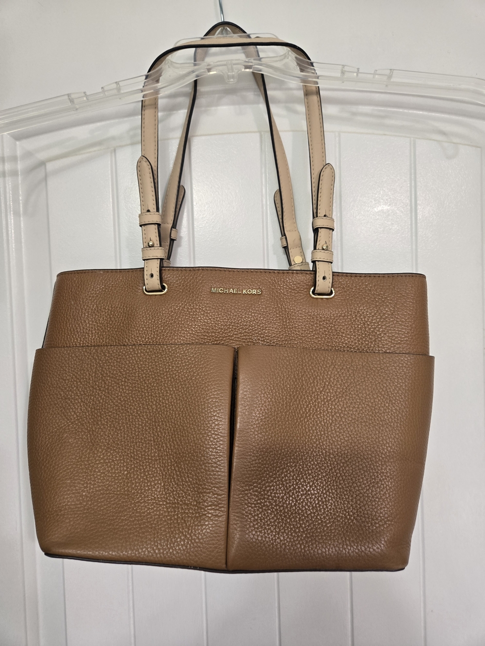 Michael Kors Brown Pebbled Leather Satchel with Cream Straps